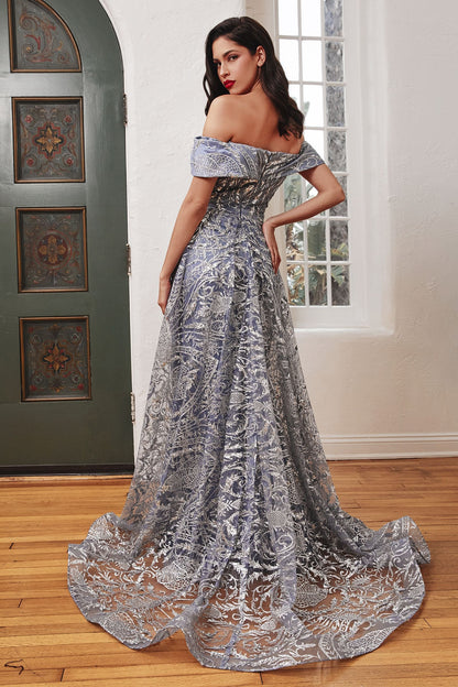 Off The Shoulder Lace Gown With Over Skirt