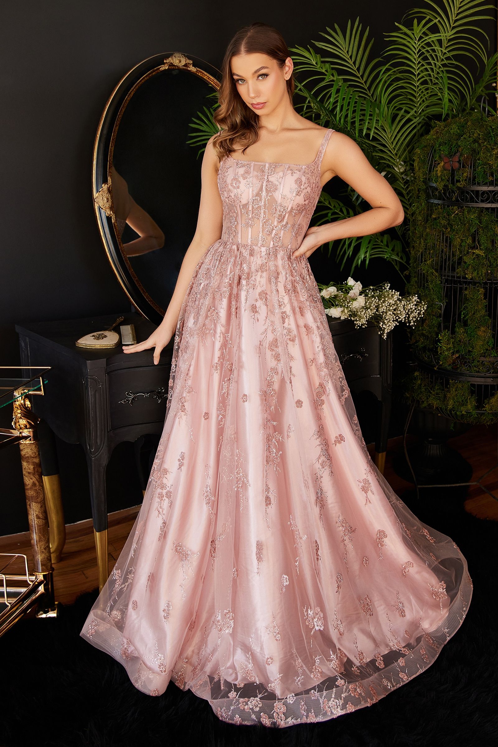 chinese dress ladies Elegant Crew Neck Rose Gold A-Line Slit Prom Dress – FancyVestido