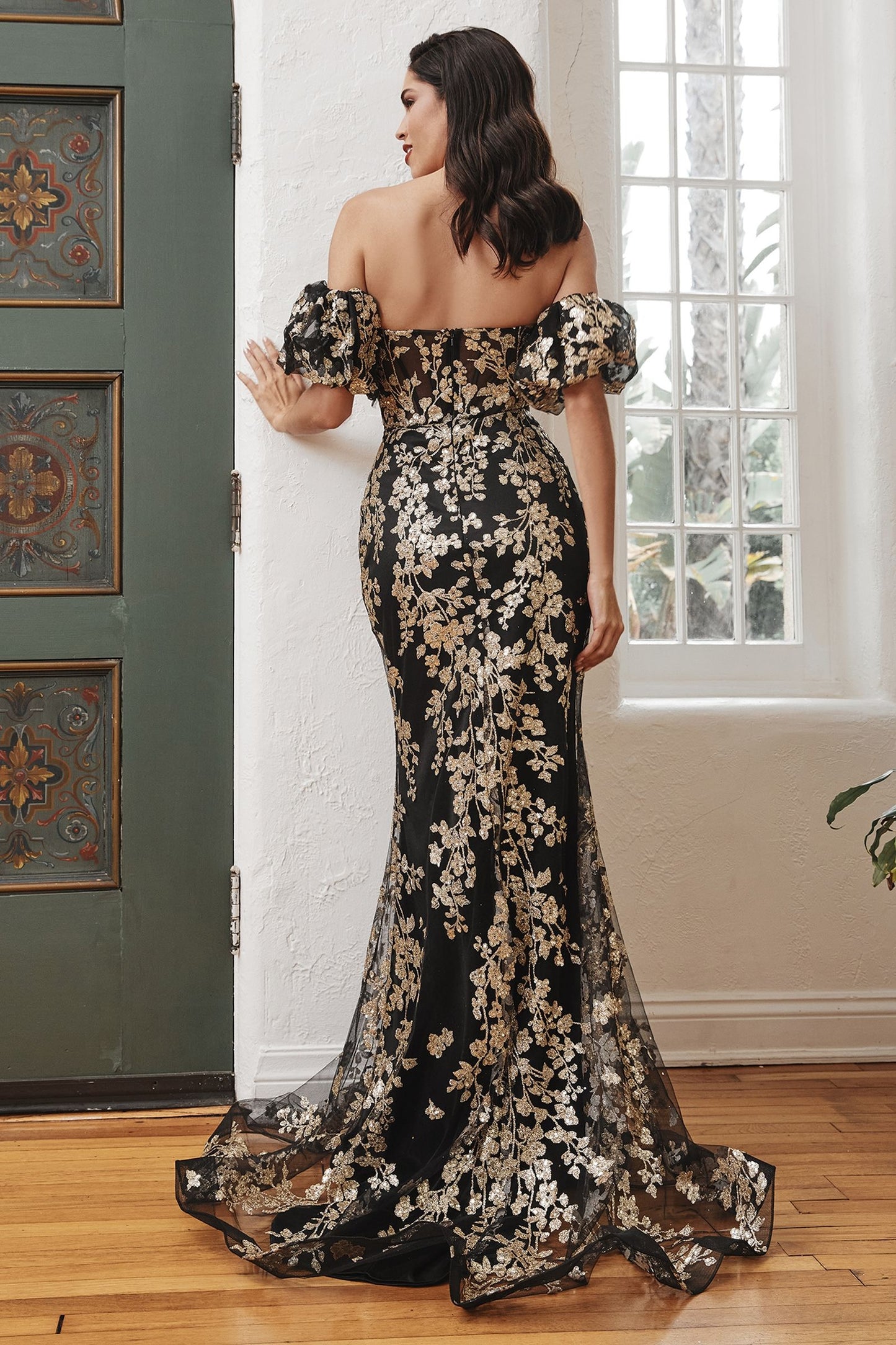 Strapless Glitter Floral Print Gown With Detachable Puff Sleeves