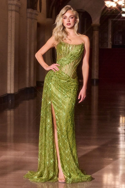 Strapless Fitted Glitter Embellished Gown