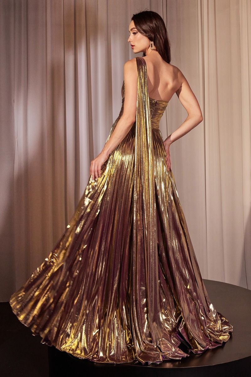 One Shoulder Metallic Pleated A-Line Dress