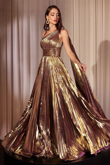 One Shoulder Metallic Pleated A-Line Dress