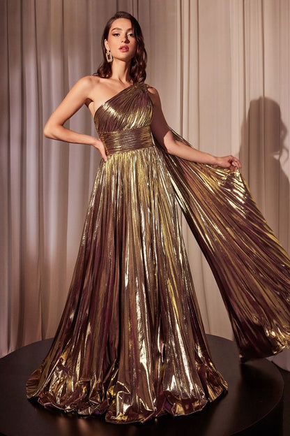 One Shoulder Metallic Pleated A-Line Dress