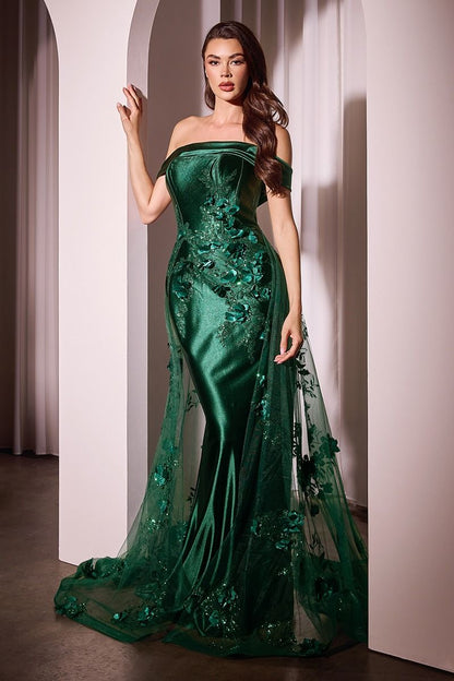 Embellished Satin Fitted Gown With Tulle Overskirt