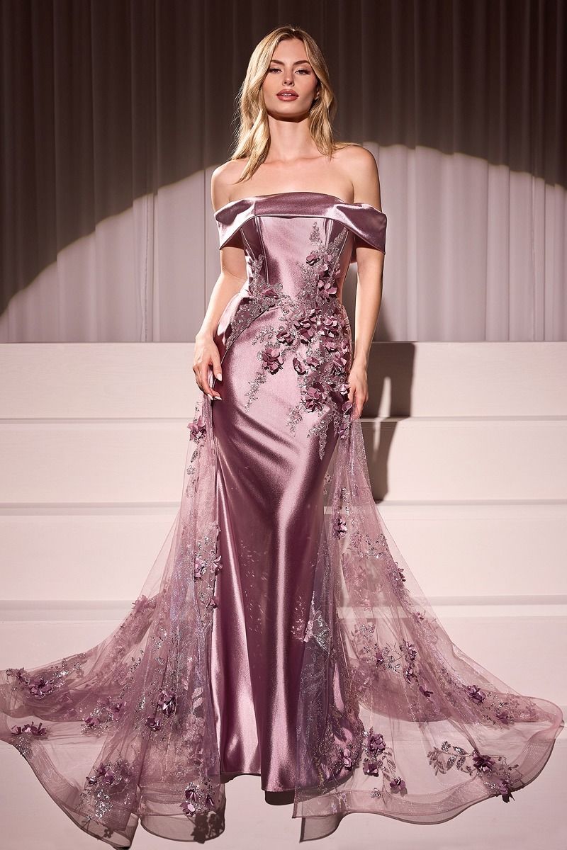 Embellished Satin Fitted Gown With Tulle Overskirt