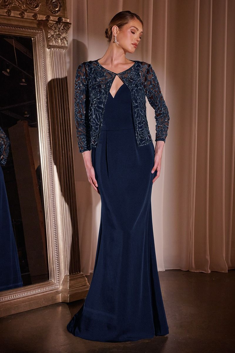 Plus Size Fit and Flare Crepe Evening Gown with Crystal Floral Jacket
