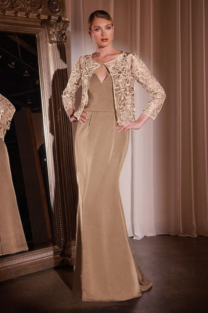 Plus Size Fit and Flare Crepe Evening Gown with Crystal Floral Jacket