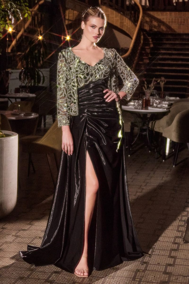 Fit and Flare Taffeta Evening Gown with Crystal Floral Jacket