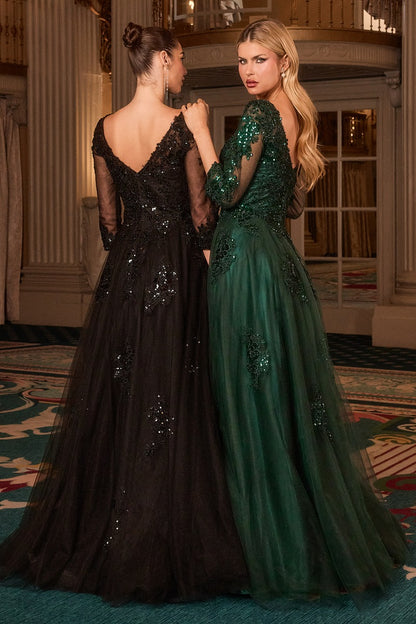 Elegant Lace & Tulle High Neck Ball Gown With Three-Quarter Sleeves - Mother Of The Bride Formal Dress