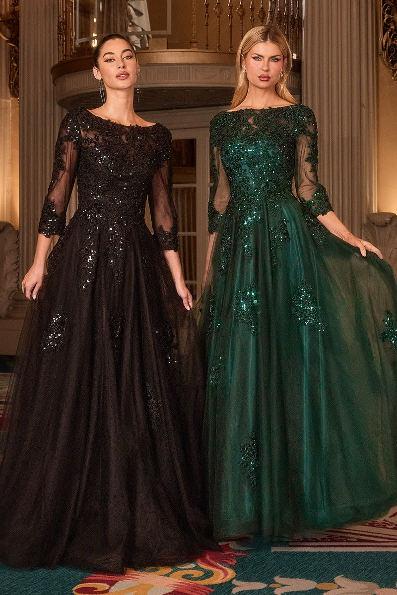 Elegant Lace & Tulle High Neck Ball Gown With Three-Quarter Sleeves - Mother Of The Bride Formal Dress