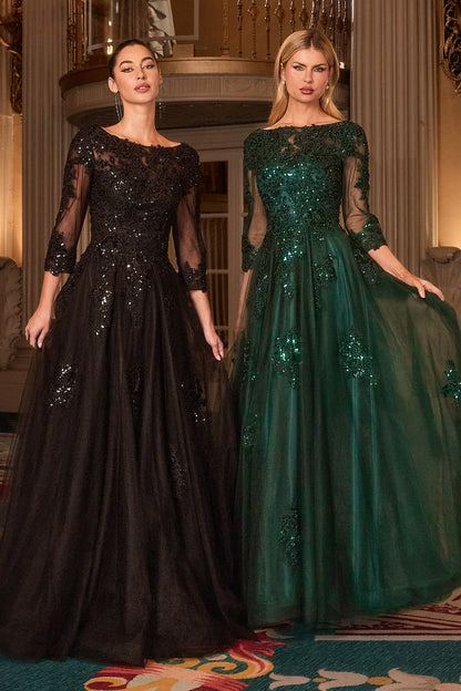 Elegant Lace & Tulle High Neck Ball Gown With Three-Quarter Sleeves - Mother Of The Bride Formal Dress