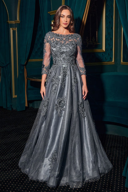 Elegant Lace & Tulle High Neck Ball Gown With Three-Quarter Sleeves - Mother Of The Bride Formal Dress