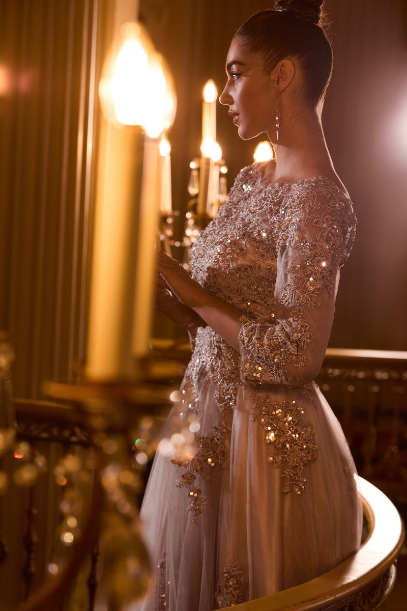 Elegant Lace & Tulle High Neck Ball Gown With Three-Quarter Sleeves - Mother Of The Bride Formal Dress