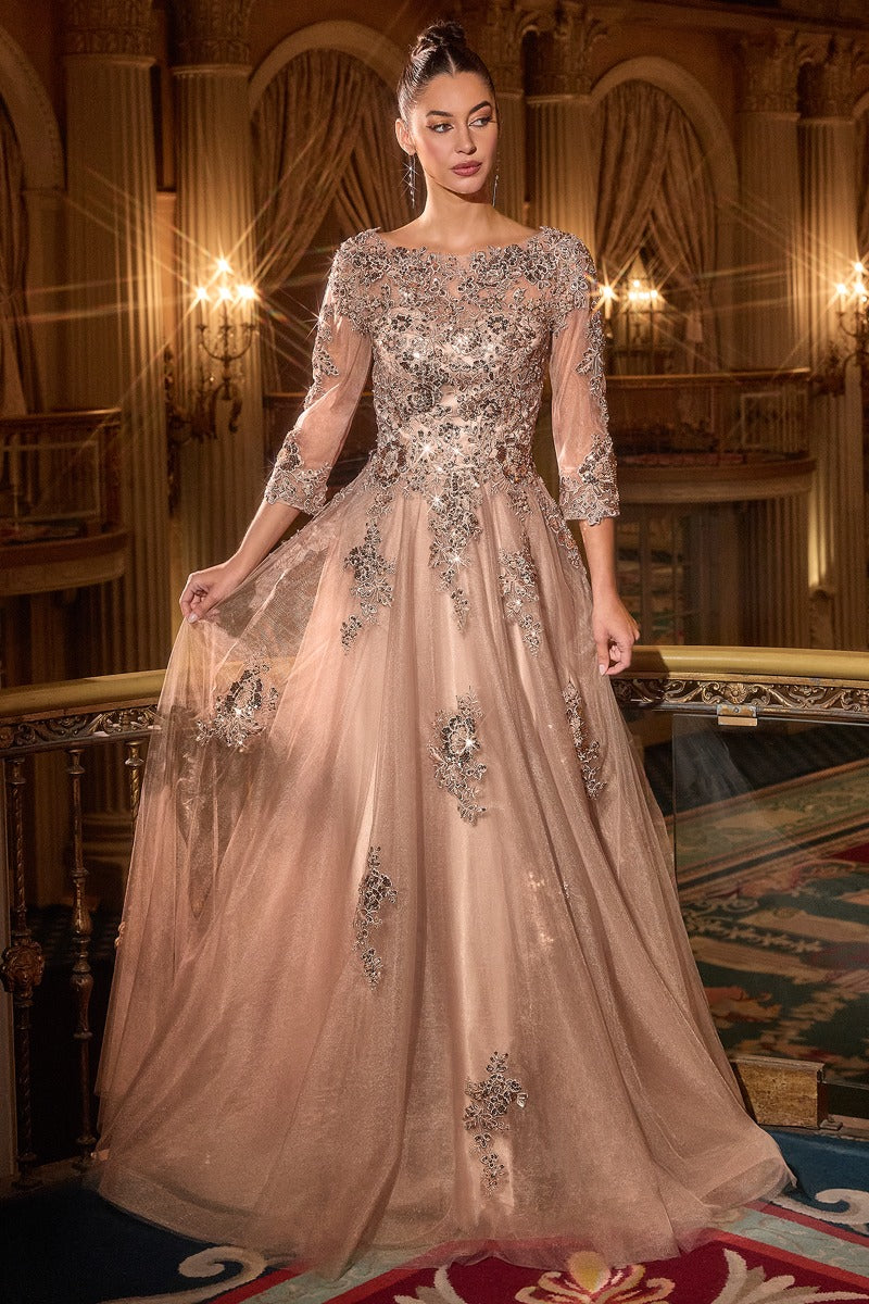 Elegant Lace & Tulle High Neck Ball Gown With Three-Quarter Sleeves - Mother Of The Bride Formal Dress