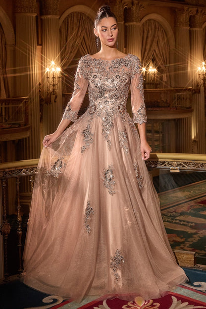 Elegant Lace & Tulle High Neck Ball Gown With Three-Quarter Sleeves - Mother Of The Bride Formal Dress