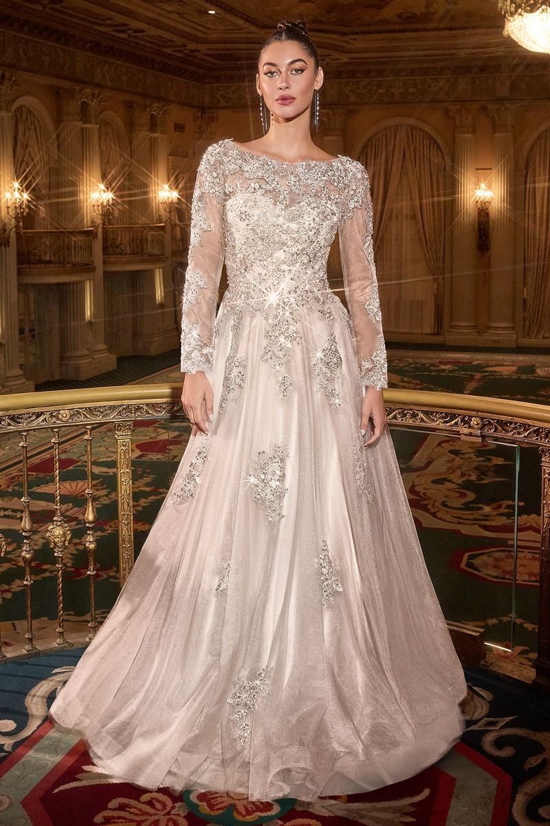 Beaded A-Line Wedding Dress With Long Sleeves