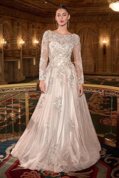 Beaded A-Line Wedding Dress With Long Sleeves