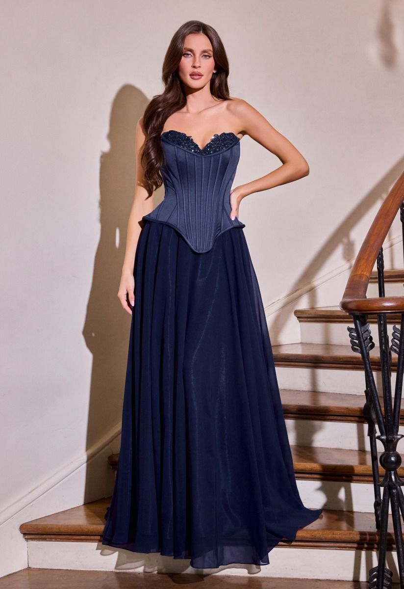 chiffon draped corset dress Strapless Fitted (CD383) Fitted bodice with flowy A Draped silk chiffon corset midi