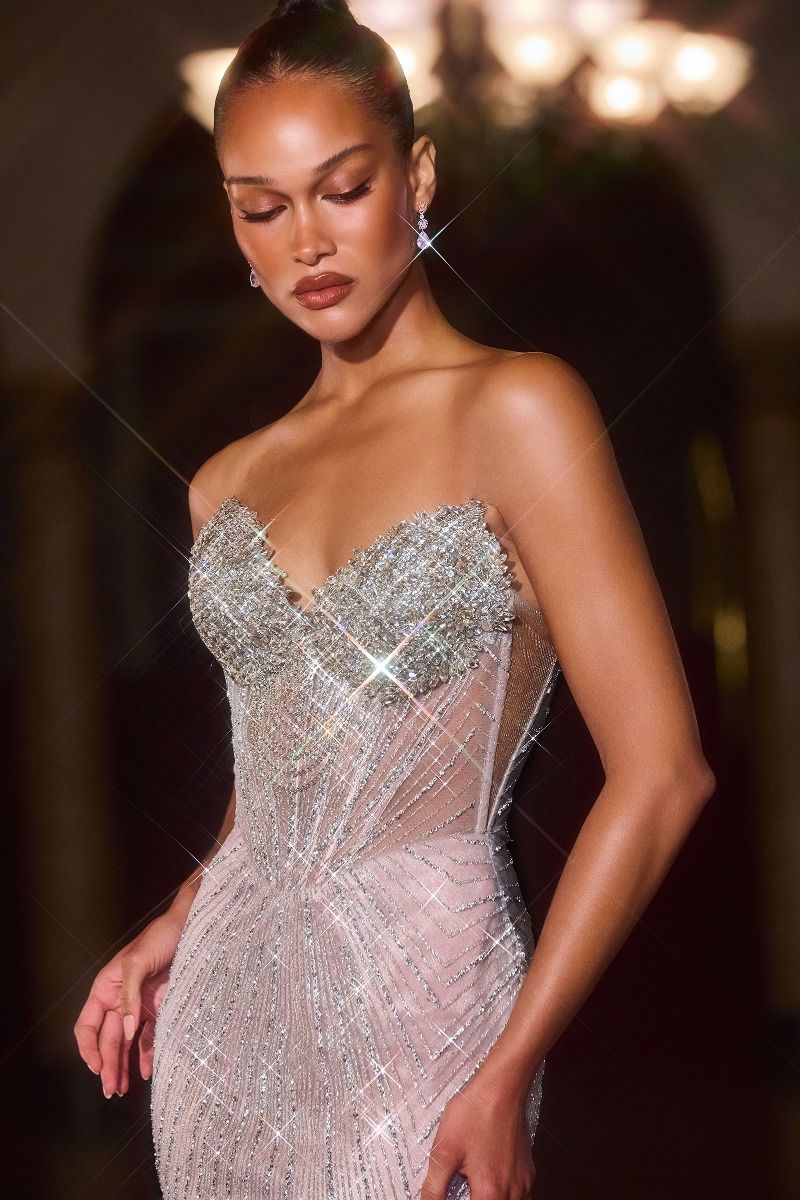 Fitted Dress Sweetheart Neckline Crystal Beaded Sheer Corset Bodice Sculpted Silhouette