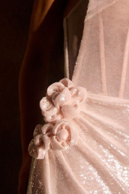 Strapless Fitted Dress Sequin Bodice Illusion Side Panels Draped Skirt Floral Appliqué Choker