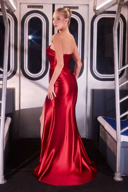 Asymmetric Strapless Satin Fitted Gown With High Slit