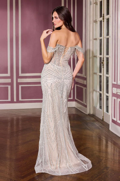 Off-Shoulder Beaded Gown with Crystal Fringe and Corset Back