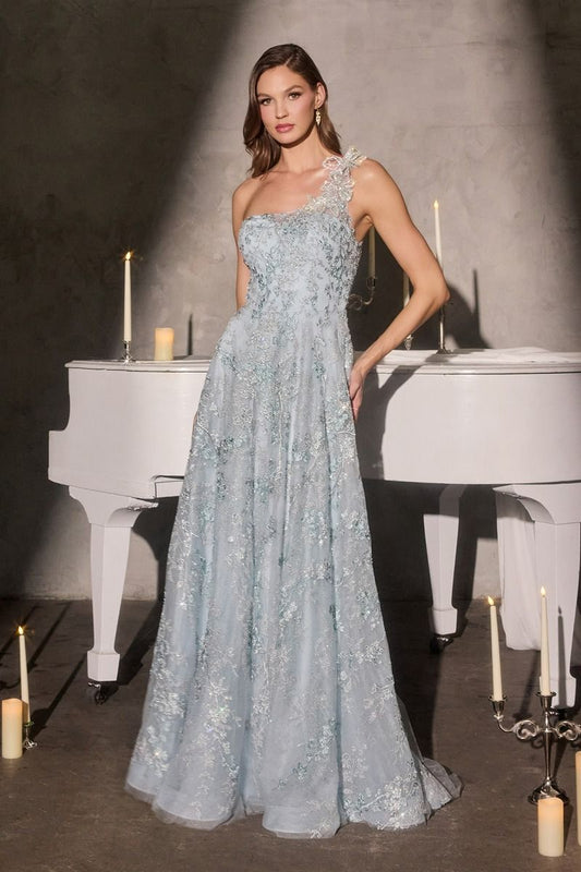 A-Line Gown the One-Shoulder Neckline Three-Dimensional Floral Appliqué