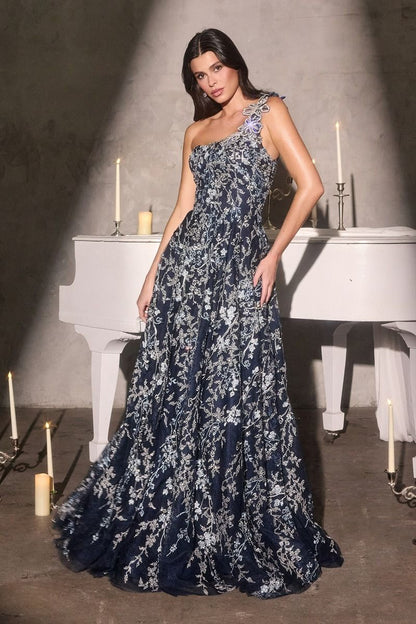 A-Line Gown the One-Shoulder Neckline Three-Dimensional Floral Appliqué