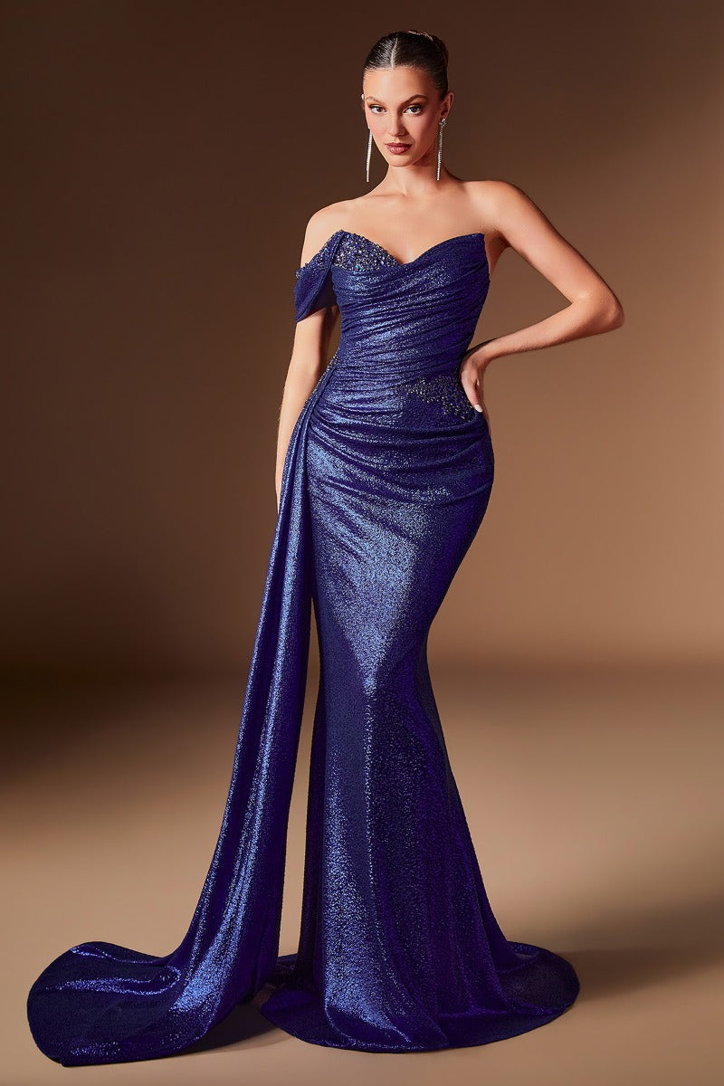 One Shoulder Metallic Fitted Dress With Sash