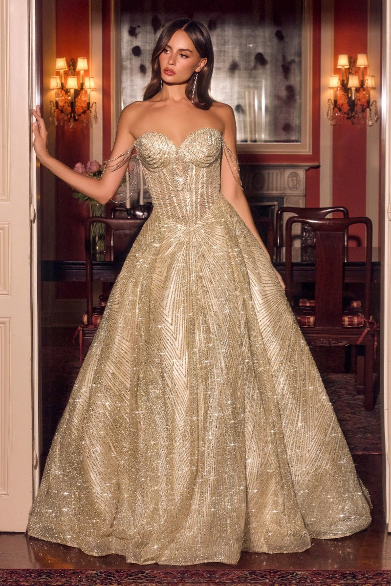 Dramatic Crystal & Glitter Ball Gown | Off-Shoulder Sweetheart Corset Prom Dress