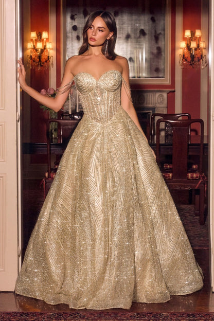 Dramatic Crystal & Glitter Ball Gown | Off-Shoulder Sweetheart Corset Prom Dress
