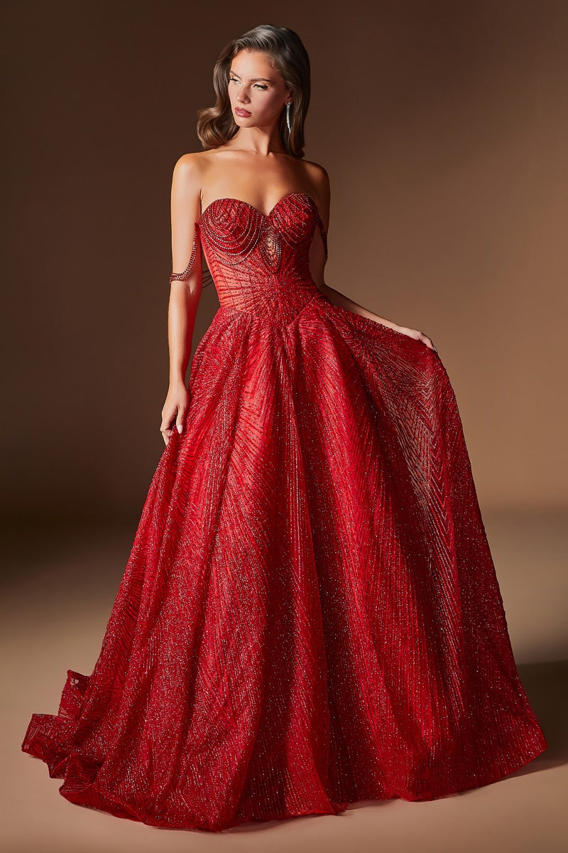 Dramatic Crystal & Glitter Ball Gown | Off-Shoulder Sweetheart Corset Prom Dress