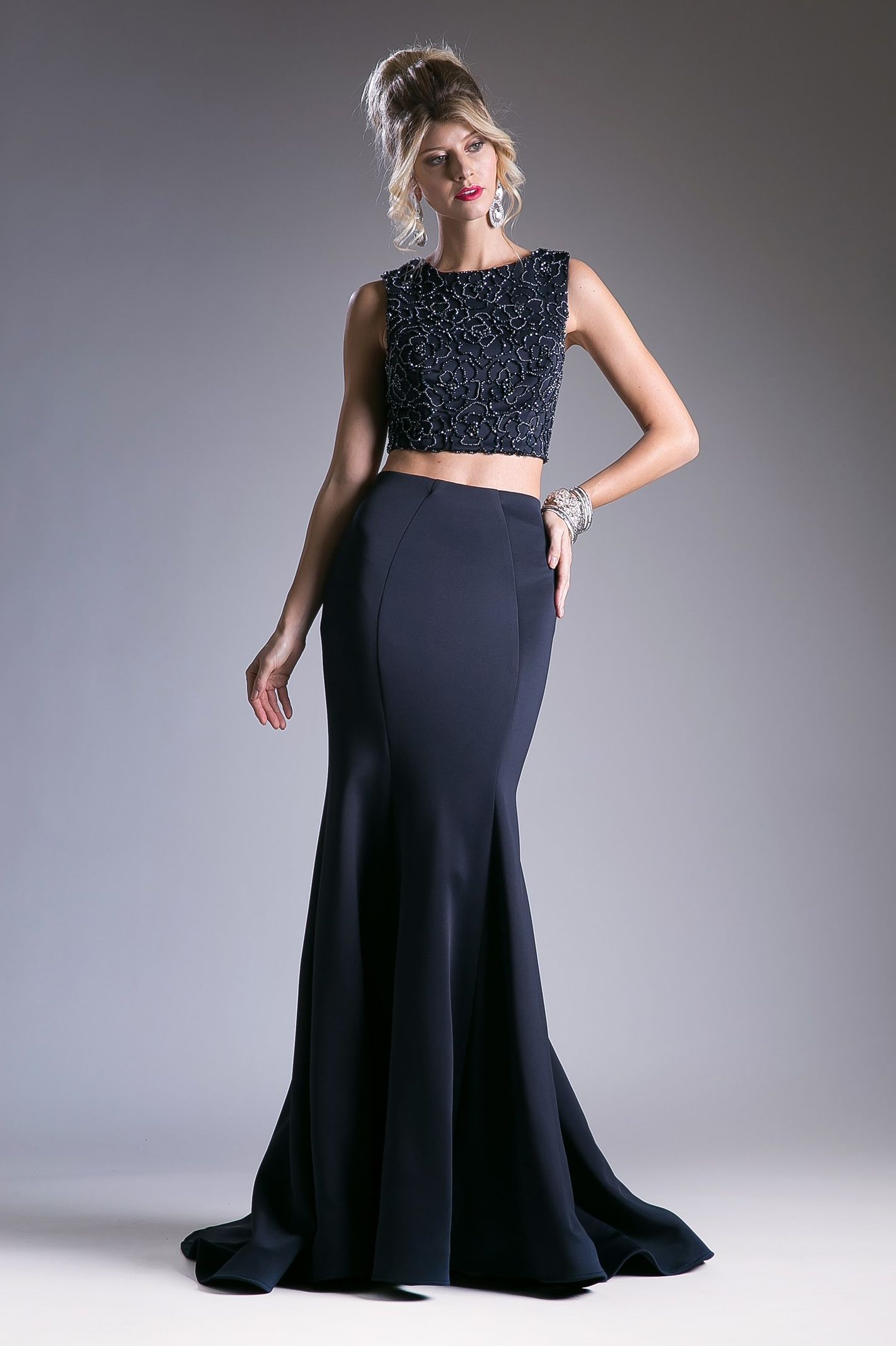 Beaded High Neck Two-Piece Mermaid Evening Gown with Train