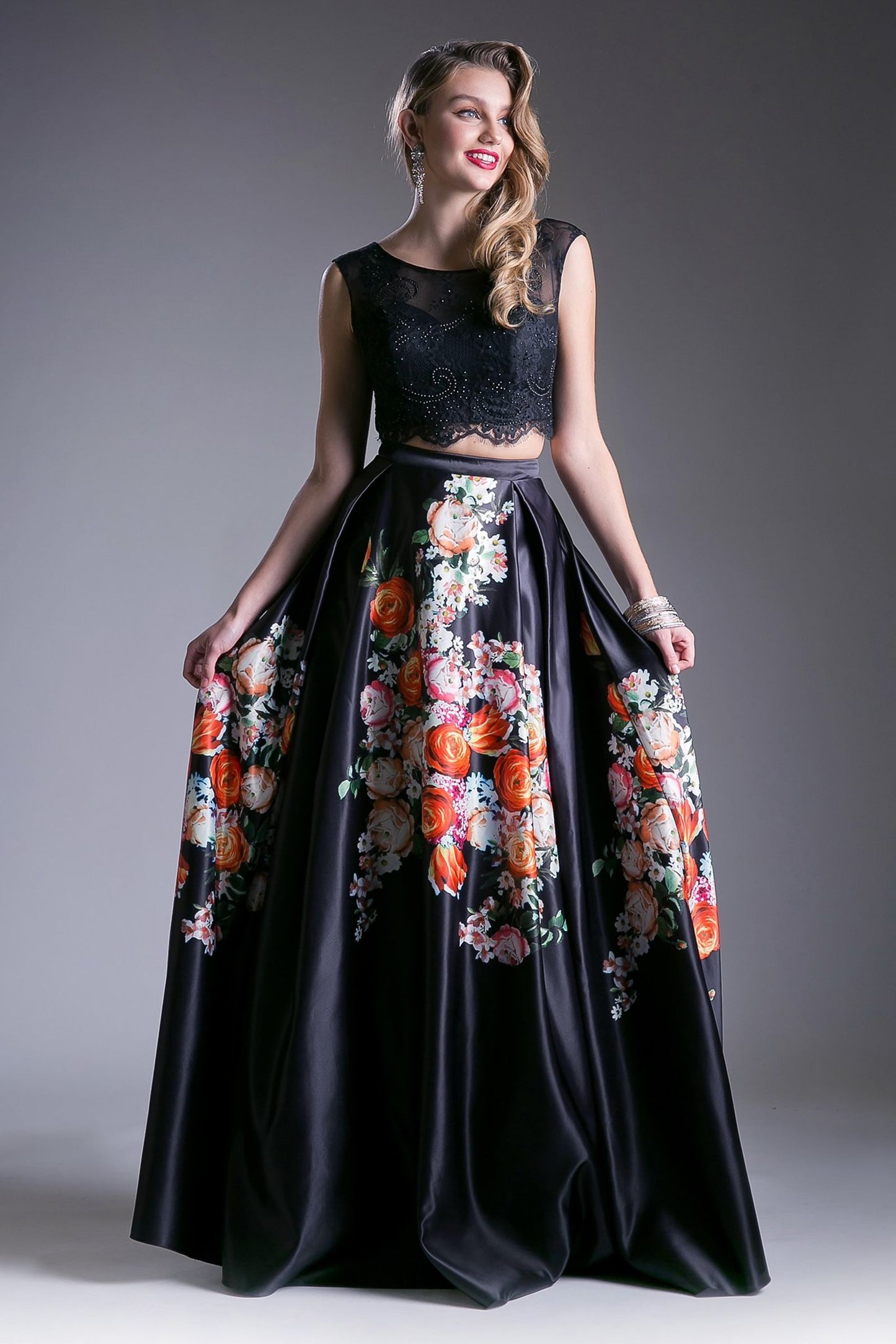 Beaded Lace 2 Piece Floral Satin Ball Gown