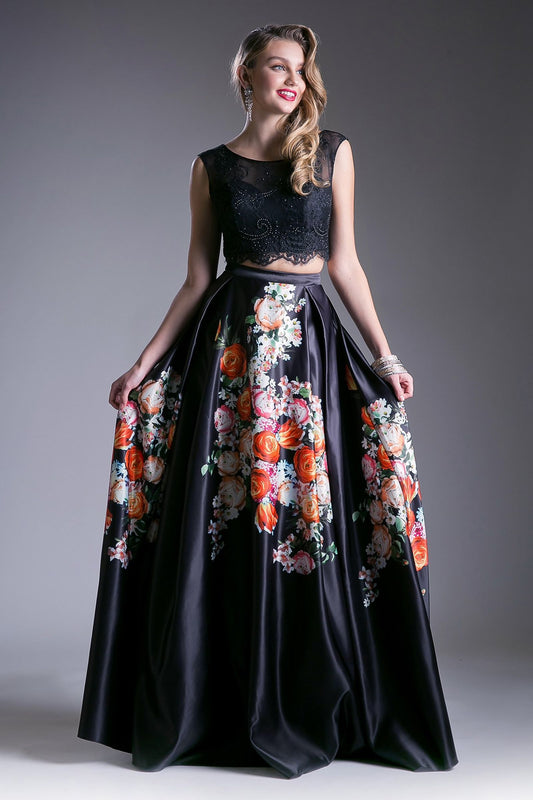 Beaded Lace 2 Piece Floral Satin Ball Gown