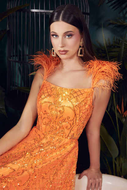 Neon Orange Ball Gown With Feathers