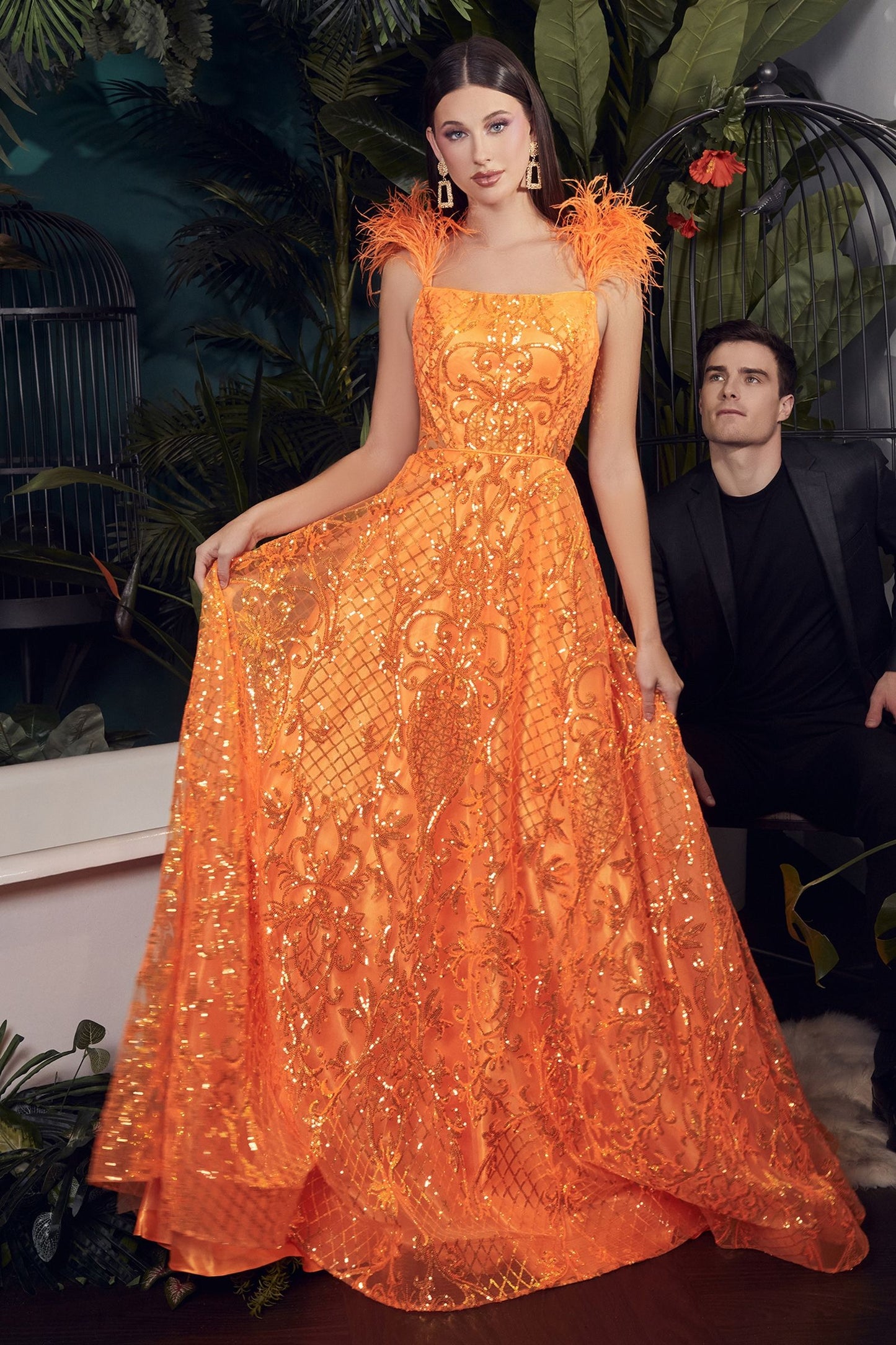 Neon Orange Ball Gown With Feathers