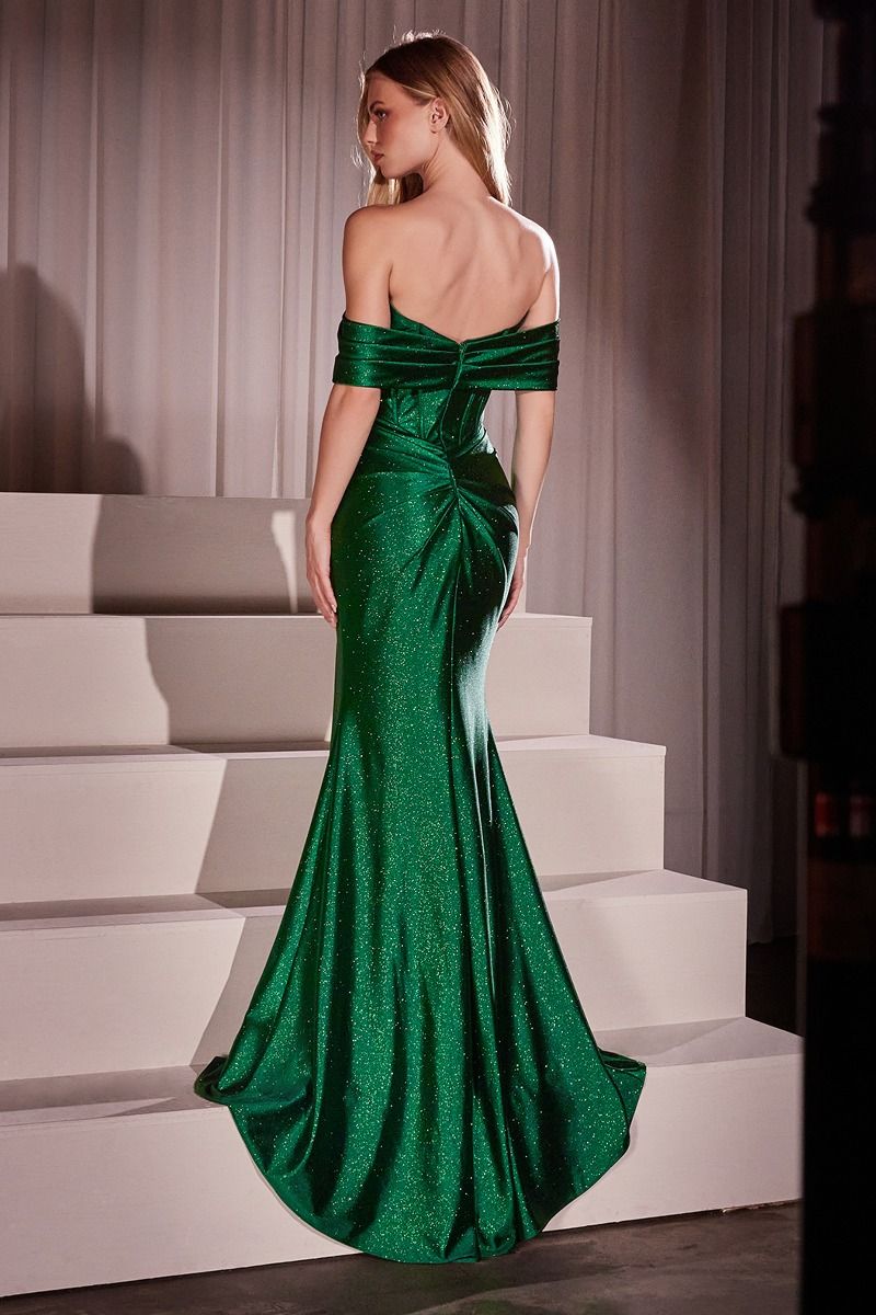 Off-the-Shoulder Long Satin Prom Dress with Glitter Emerald / 8 Off-the-Shoulder Long Satin Prom Dress with Glitter Emerald / 8