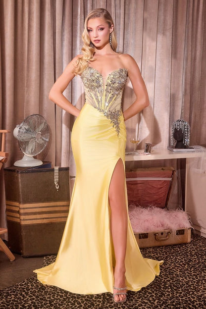 Off-The-Shoulder Satin Fitted Gown Beaded Bodice High Slit