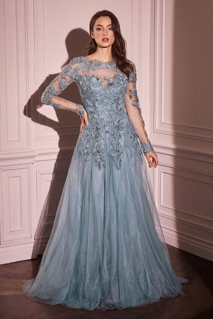 Lace Layered Tulle Long Sleeve Gown