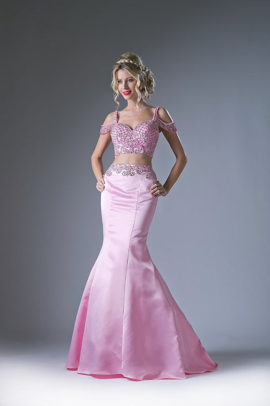 Beaded 2 Piece Satin Mermaid Gown