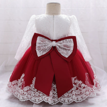 Baby Girl Bow Patched Design Long Sleeves Full Moon Christening Mesh Formal Dress