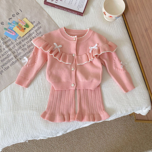 Winter and Autumn Baby Kids Girls Long Sleeves Knitted SET Cardigan and Flared Pants Knitted Clothing Set