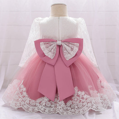 Baby Girl Bow Patched Design Long Sleeves Full Moon Christening Mesh Formal Dress