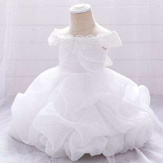 Baby Girl Solid Color One Shoulder Design Tutu Formal Dress Baptism Birthday Dress