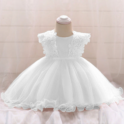 Baby Girl Floral Patched Graphic Mesh Tutu Dress Birthday Baptism Dress