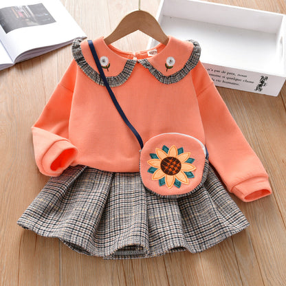 Baby Girl Floral Patches Doll Neck Pullover Hoodie Combo Pleated Skirt Sweet Vintage Style Sets
