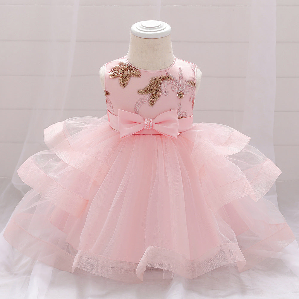 Baby Girl Sequins Patched Design Sleeveless Tutu Style Baptism Birthday Dress