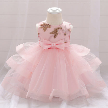 Baby Girl Sequins Patched Design Sleeveless Tutu Style Baptism Birthday Dress