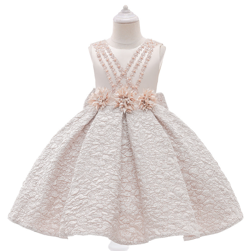 Baby Girl Flower Patched Design Solid Color Sleeveless Princess Formal Dress